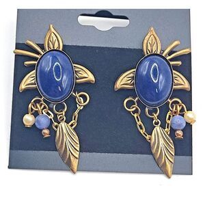Bohemian Bronze Brass and Lapis Colored Earrings 1.75in